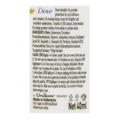 Dove Invisible Dry Anti White And Yellow Roll On For Women 40ml