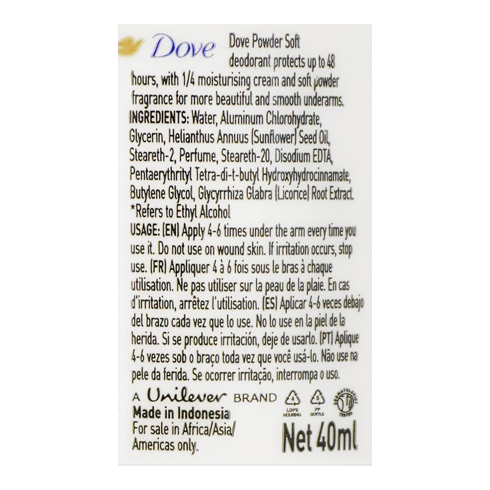 Dove Powder Soft 48 Hour Anti-Perspirant Deodorant Roll On For Women 40ml