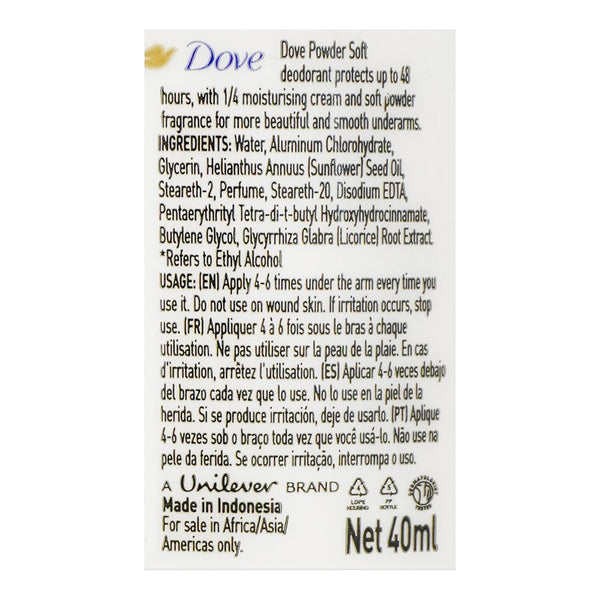 Dove Powder Soft 48 Hour Anti-Perspirant Deodorant Roll On For Women 40ml